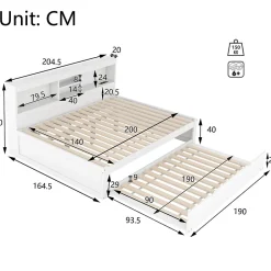 Okwish Lit gigogne 140x200 cm double avec tiroir coulissant, LED télécommandée, ports USB, prise électrique et rangement - blanc