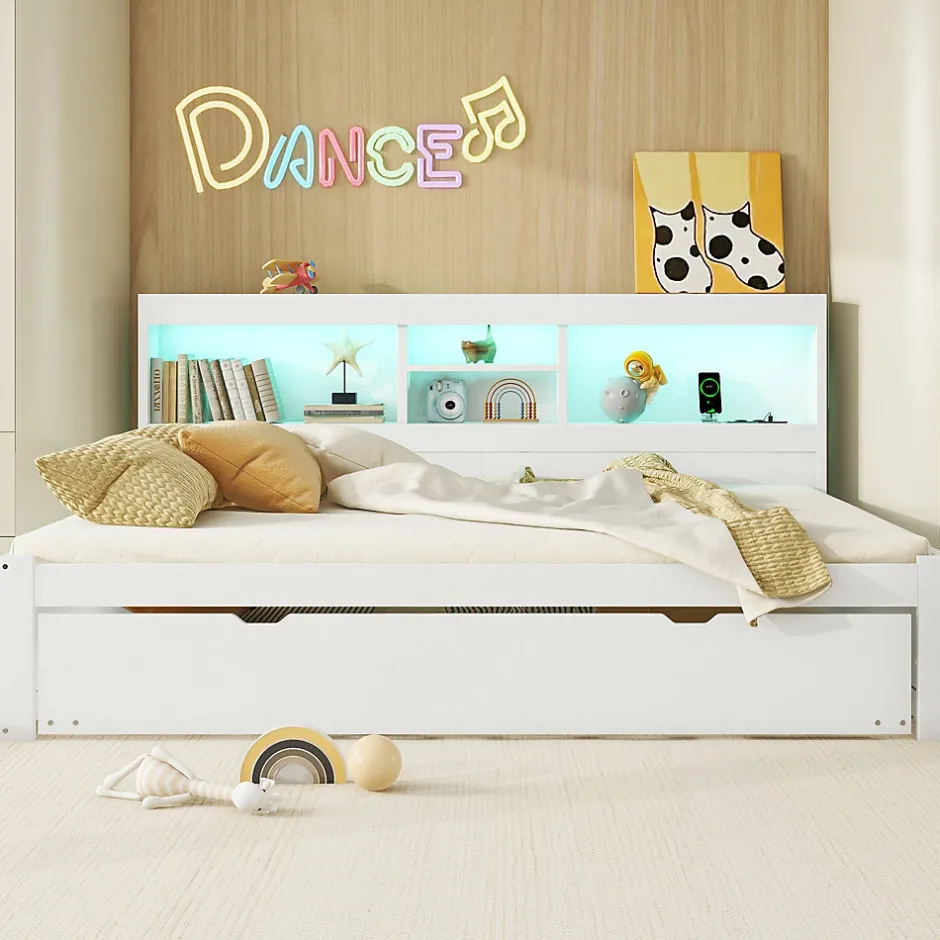 Okwish Lit gigogne 140x200 cm double avec tiroir coulissant, LED télécommandée, ports USB, prise électrique et rangement - blanc