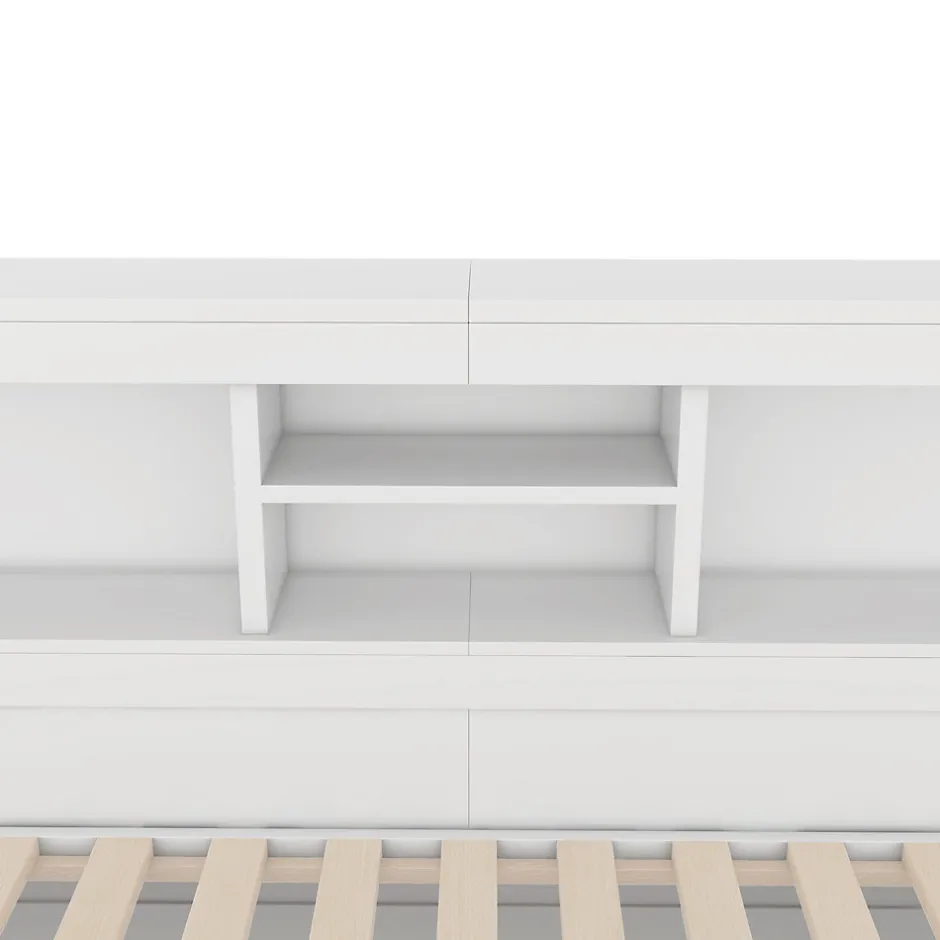 Okwish Lit gigogne 140x200 cm double avec tiroir coulissant, LED télécommandée, ports USB, prise électrique et rangement - blanc