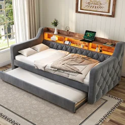 Okwish Lit Gigogne 90x190 cm Gris avec Rangement Intégré, LED et Port USB, Tissu Velours