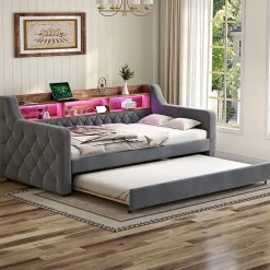 Okwish Lit Gigogne 90x190 cm Gris avec Rangement Intégré, LED et Port USB, Tissu Velours