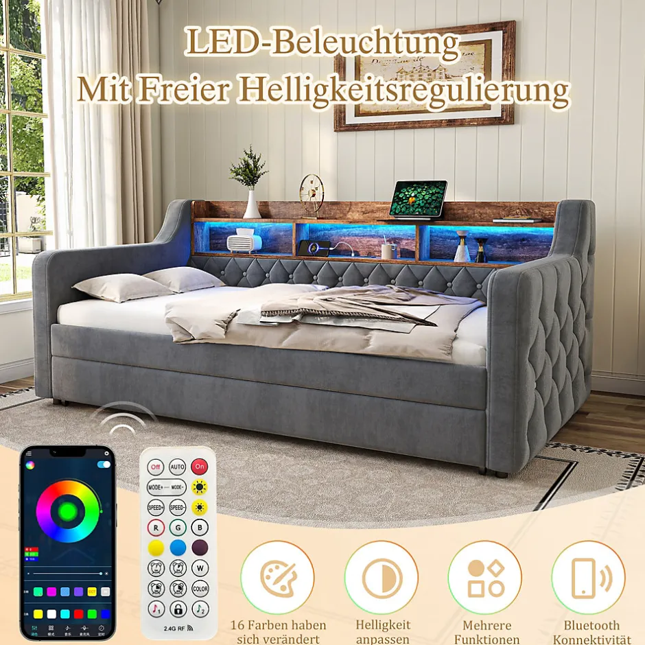 Okwish Lit Gigogne 90x190 cm Gris avec Rangement Intégré, LED et Port USB, Tissu Velours