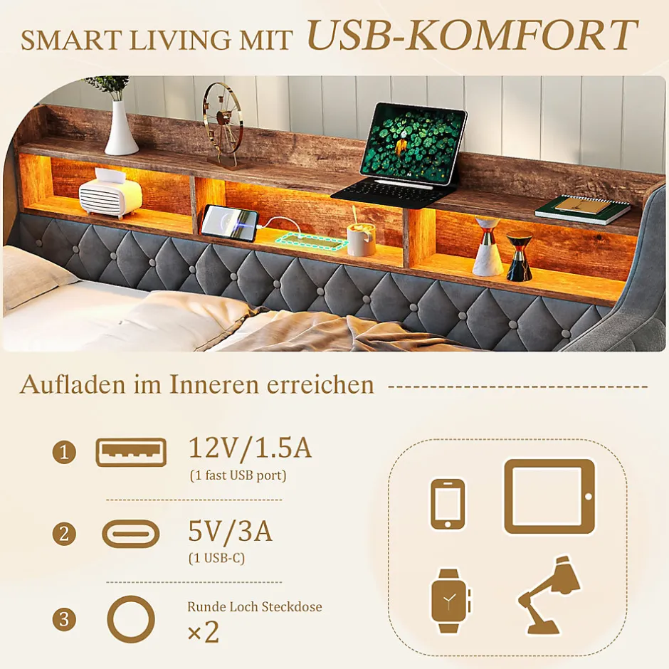 Okwish Lit Gigogne 90x190 cm Gris avec Rangement Intégré, LED et Port USB, Tissu Velours