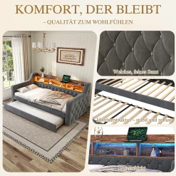 Okwish Lit Gigogne 90x190 cm Gris avec Rangement Intégré, LED et Port USB, Tissu Velours