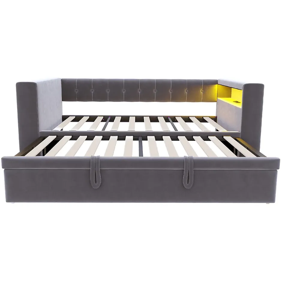 Okwish Lit Gigogne 90/180x190 cm, LED et Prise Électrique - Lit Simple avec Bureau Escamotable et Rangement - Gris Foncé - Sans Matelas Discount