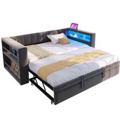 Okwish Lit Gigogne 90/180x190 cm, LED et Prise Électrique - Lit Simple avec Bureau Escamotable et Rangement - Gris Foncé - Sans Matelas Discount