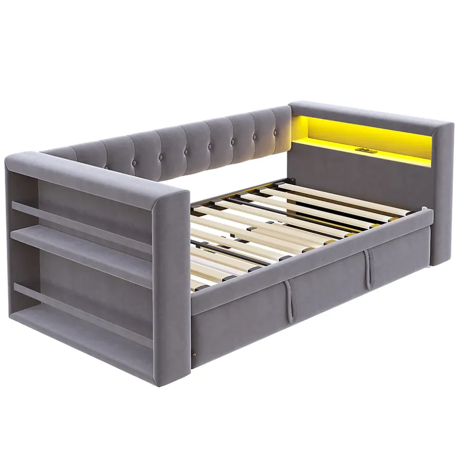 Okwish Lit Gigogne 90/180x190 cm, LED et Prise Électrique - Lit Simple avec Bureau Escamotable et Rangement - Gris Foncé - Sans Matelas Discount