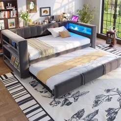 Okwish Lit Gigogne 90/180x190 cm, LED et Prise Électrique - Lit Simple avec Bureau Escamotable et Rangement - Gris Foncé - Sans Matelas Discount