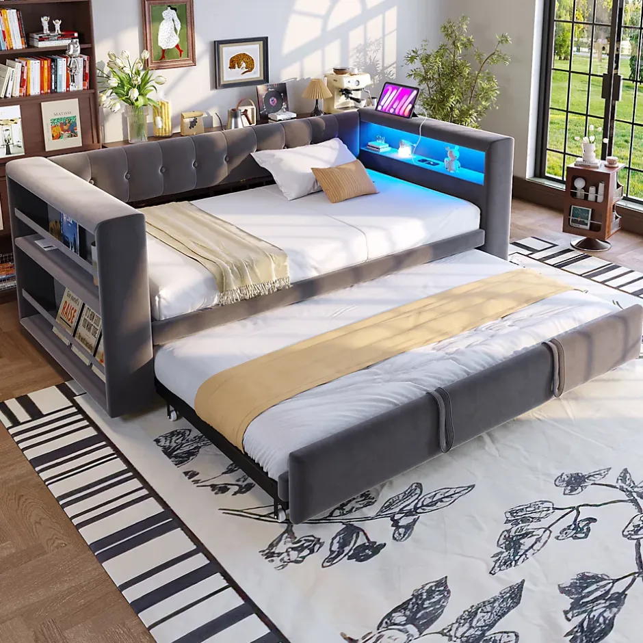 Okwish Lit Gigogne 90/180x190 cm, LED et Prise Électrique - Lit Simple avec Bureau Escamotable et Rangement - Gris Foncé - Sans Matelas Discount
