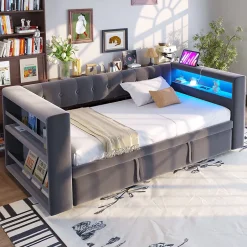 Okwish Lit Gigogne 90/180x190 cm, LED et Prise Électrique - Lit Simple avec Bureau Escamotable et Rangement - Gris Foncé - Sans Matelas Discount