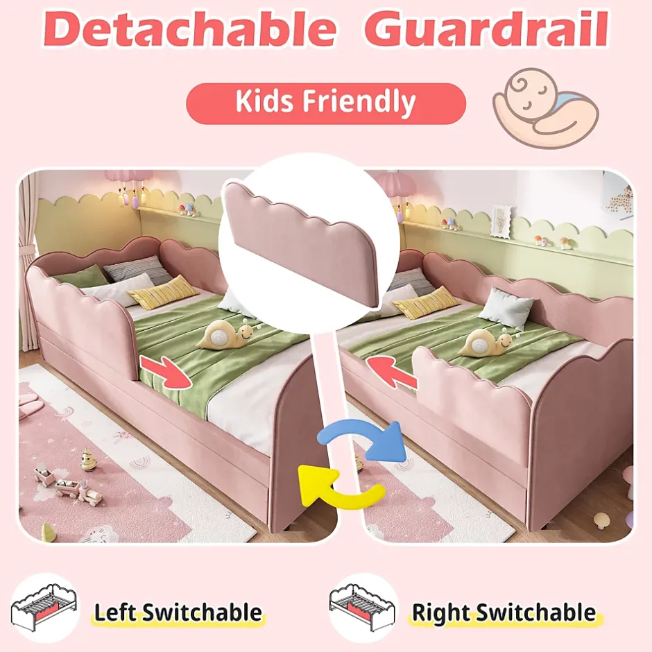 Okwish Lit Gigogne 90x190 cm, Lit Enfant Banquette avec Lit Tiroir et Sommier à Lattes, Design Moderne, Revêtement Velours Rose Online