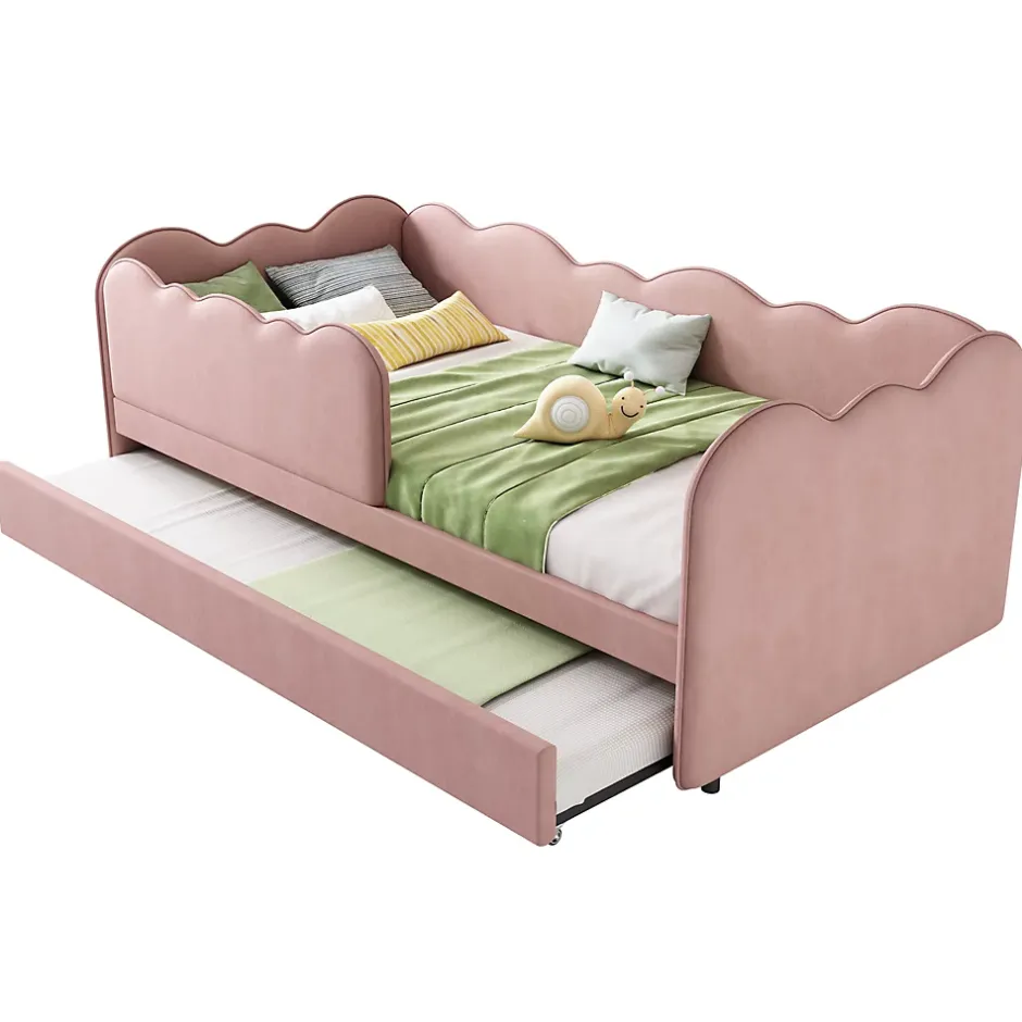 Okwish Lit Gigogne 90x190 cm, Lit Enfant Banquette avec Lit Tiroir et Sommier à Lattes, Design Moderne, Revêtement Velours Rose Online