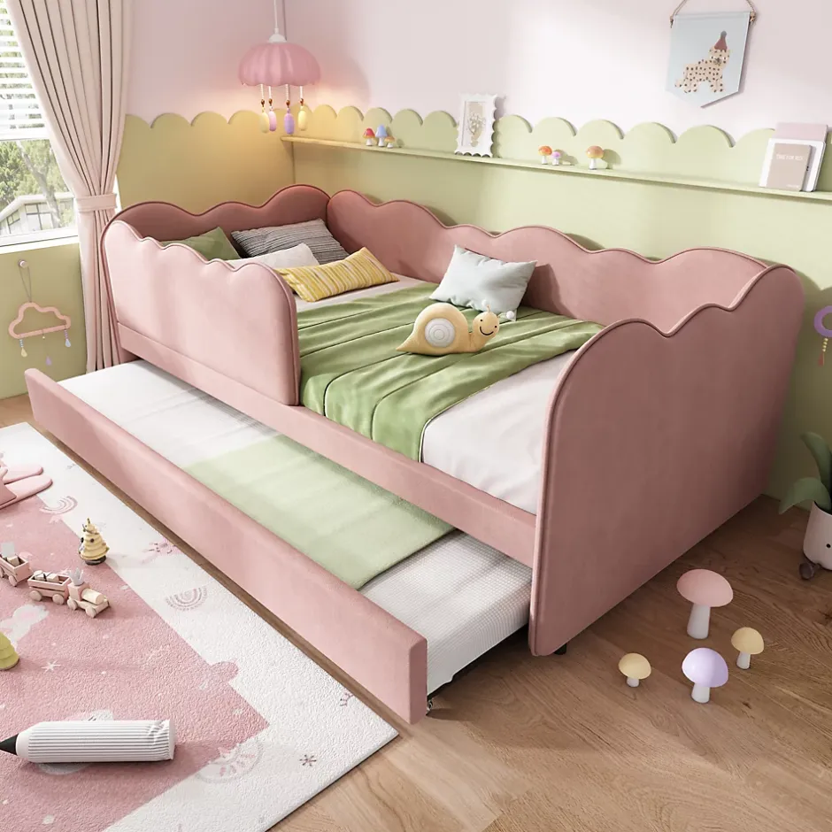 Okwish Lit Gigogne 90x190 cm, Lit Enfant Banquette avec Lit Tiroir et Sommier à Lattes, Design Moderne, Revêtement Velours Rose Online