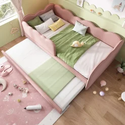 Okwish Lit Gigogne 90x190 cm, Lit Enfant Banquette avec Lit Tiroir et Sommier à Lattes, Design Moderne, Revêtement Velours Rose Online