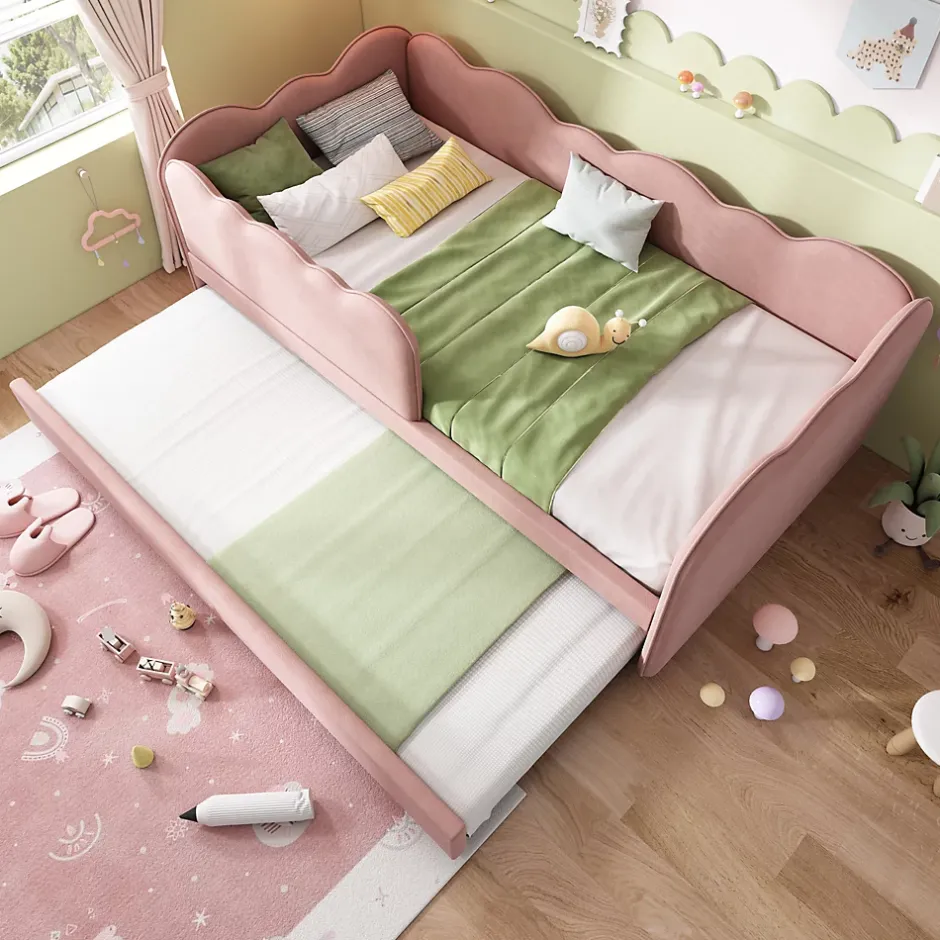 Okwish Lit Gigogne 90x190 cm, Lit Enfant Banquette avec Lit Tiroir et Sommier à Lattes, Design Moderne, Revêtement Velours Rose Online