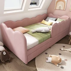 Okwish Lit Gigogne 90x190 cm, Lit Enfant Banquette avec Lit Tiroir et Sommier à Lattes, Design Moderne, Revêtement Velours Rose Online