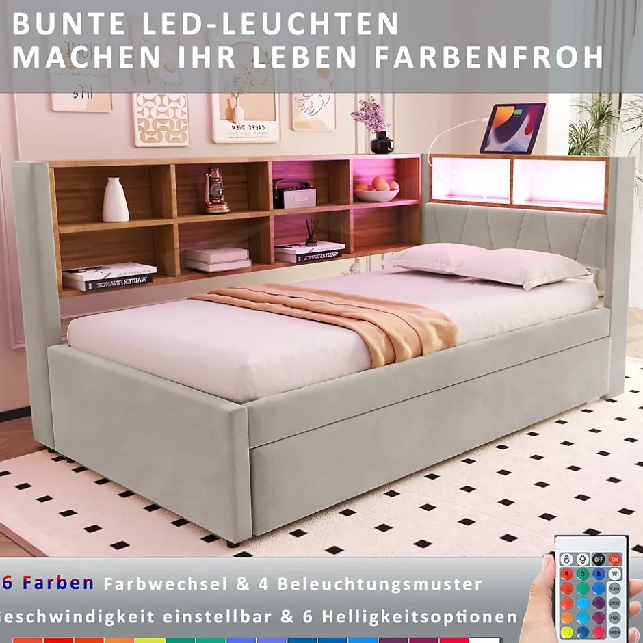 Generique Lit Gigogne 90x200 cm, Lit Enfant avec Port USB et Rangements Intégrés, Éclairage LED Intégré, Tissu Gris Clair - Sans Matelas Online