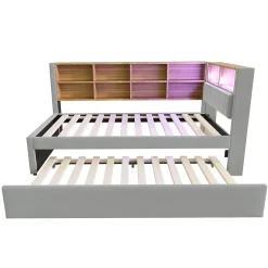 Generique Lit Gigogne 90x200 cm, Lit Enfant avec Port USB et Rangements Intégrés, Éclairage LED Intégré, Tissu Gris Clair - Sans Matelas Online