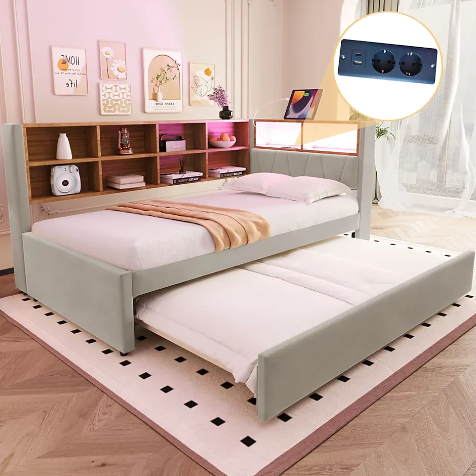 Generique Lit Gigogne 90x200 cm, Lit Enfant avec Port USB et Rangements Intégrés, Éclairage LED Intégré, Tissu Gris Clair - Sans Matelas Online
