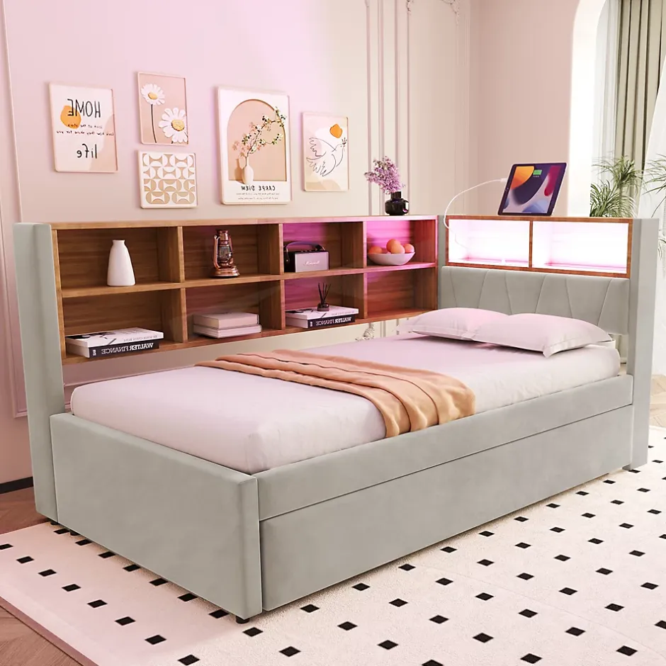 Generique Lit Gigogne 90x200 cm, Lit Enfant avec Port USB et Rangements Intégrés, Éclairage LED Intégré, Tissu Gris Clair - Sans Matelas Online