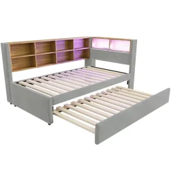 Generique Lit Gigogne 90x200 cm, Lit Enfant avec Port USB et Rangements Intégrés, Éclairage LED Intégré, Tissu Gris Clair - Sans Matelas Online