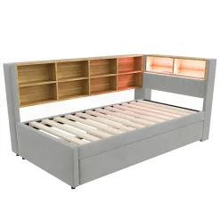Generique Lit Gigogne 90x200 cm, Lit Enfant avec Port USB et Rangements Intégrés, Éclairage LED Intégré, Tissu Gris Clair - Sans Matelas Online