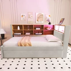 Generique Lit Gigogne 90x200 cm, Lit Enfant avec Port USB et Rangements Intégrés, Éclairage LED Intégré, Tissu Gris Clair - Sans Matelas Online