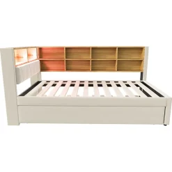 Okwish Lit Gigogne 90x200 cm, Lit Simple avec LED et Rangement Coulissant, Pratique pour Chambre enfant ou Ado - Sans Matelas - Beige