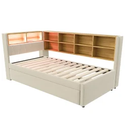 Okwish Lit Gigogne 90x200 cm, Lit Simple avec LED et Rangement Coulissant, Pratique pour Chambre enfant ou Ado - Sans Matelas - Beige