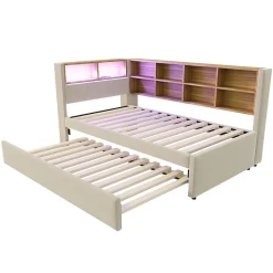Okwish Lit Gigogne 90x200 cm, Lit Simple avec LED et Rangement Coulissant, Pratique pour Chambre enfant ou Ado - Sans Matelas - Beige