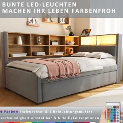 Okwish Lit Gigogne 90x200 cm, Lit Simple enfant avec Port USB et Rangements Intégrés - Tissu Gris Foncé - Sans Matelas