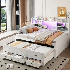 Okwish Lit Gigogne 140x200 cm, Lit Tiroir et 3 Tiroirs Multifonction avec LED Télécommande et Ports USB Type-C - Blanc, Sans Matelas