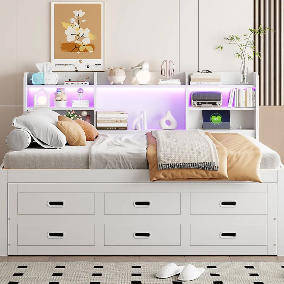 Okwish Lit Gigogne 140x200 cm, Lit Tiroir et 3 Tiroirs Multifonction avec LED Télécommande et Ports USB Type-C - Blanc, Sans Matelas