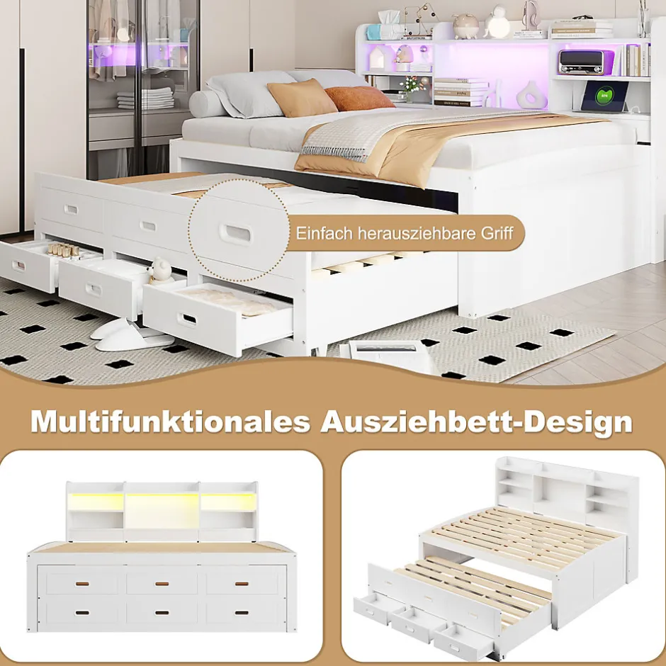 Okwish Lit Gigogne 140x200 cm, Lit Tiroir et 3 Tiroirs Multifonction avec LED Télécommande et Ports USB Type-C - Blanc, Sans Matelas