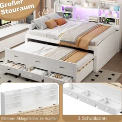 Okwish Lit Gigogne 140x200 cm, Lit Tiroir et 3 Tiroirs Multifonction avec LED Télécommande et Ports USB Type-C - Blanc, Sans Matelas