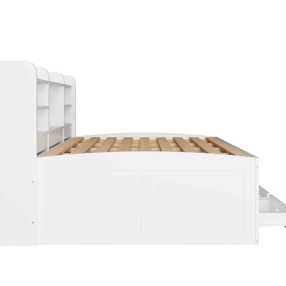 Okwish Lit Gigogne 140x200 cm, Lit Tiroir et 3 Tiroirs Multifonction avec LED Télécommande et Ports USB Type-C - Blanc, Sans Matelas