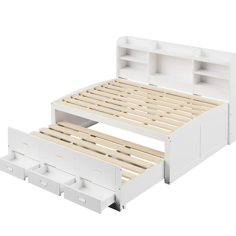 Okwish Lit Gigogne 140x200 cm, Lit Tiroir et 3 Tiroirs Multifonction avec LED Télécommande et Ports USB Type-C - Blanc, Sans Matelas