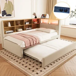 Generique Lit Gigogne 90x200 cm pour enfant ou Ado, Lit 90x190 cm avec Port USB et Rangements Intégrés - Tissu Beige - Sans Matelas