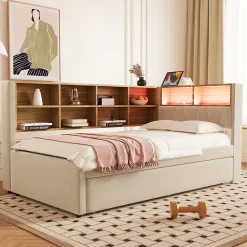 Generique Lit Gigogne 90x200 cm pour enfant ou Ado, Lit 90x190 cm avec Port USB et Rangements Intégrés - Tissu Beige - Sans Matelas