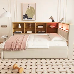Generique Lit Gigogne 90x200 cm pour enfant ou Ado, Lit 90x190 cm avec Port USB et Rangements Intégrés - Tissu Beige - Sans Matelas