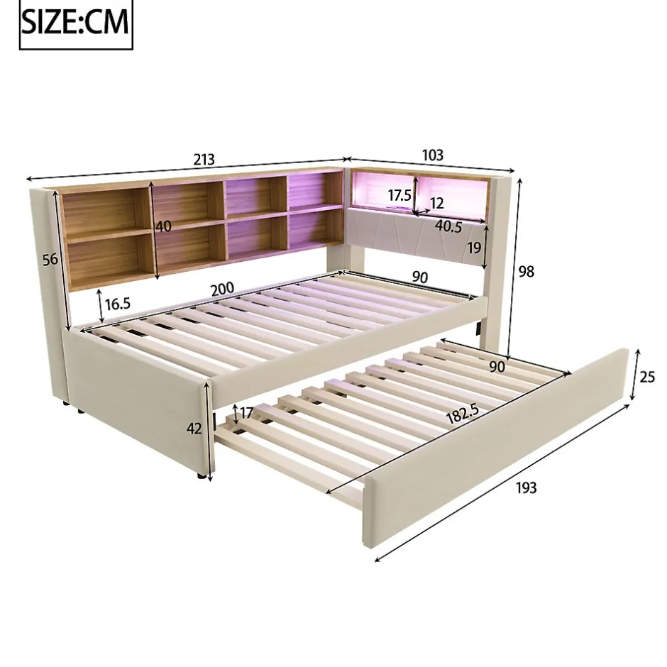 Generique Lit Gigogne 90x200 cm pour enfant ou Ado, Lit 90x190 cm avec Port USB et Rangements Intégrés - Tissu Beige - Sans Matelas