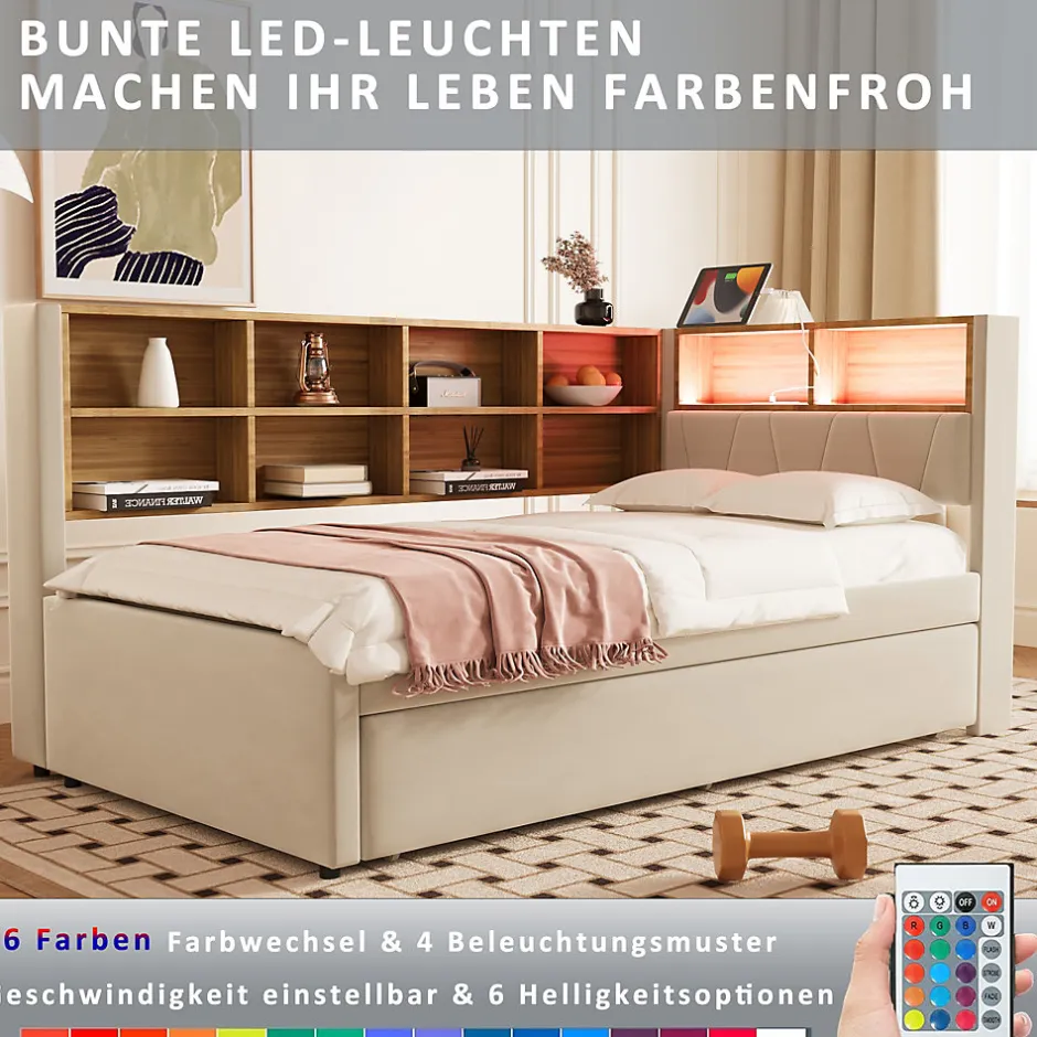 Generique Lit Gigogne 90x200 cm pour enfant ou Ado, Lit 90x190 cm avec Port USB et Rangements Intégrés - Tissu Beige - Sans Matelas