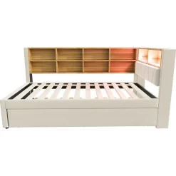 Generique Lit Gigogne 90x200 cm pour enfant ou Ado, Lit 90x190 cm avec Port USB et Rangements Intégrés - Tissu Beige - Sans Matelas