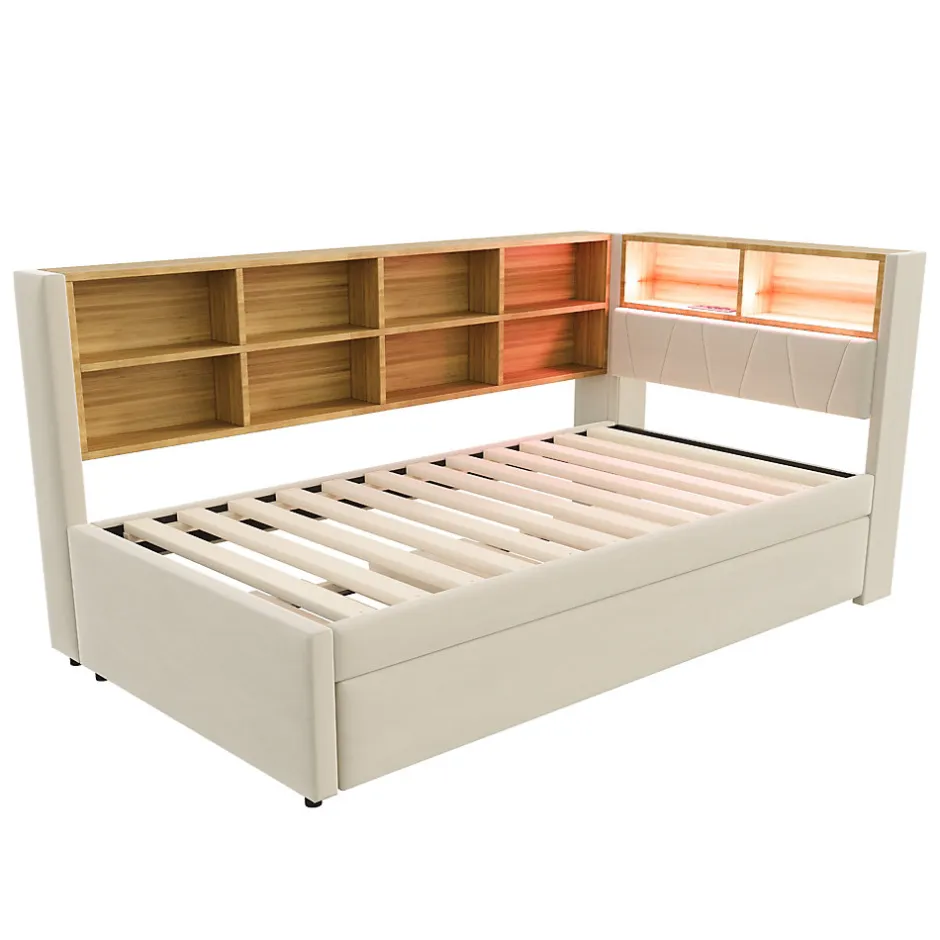 Generique Lit Gigogne 90x200 cm pour enfant ou Ado, Lit 90x190 cm avec Port USB et Rangements Intégrés - Tissu Beige - Sans Matelas
