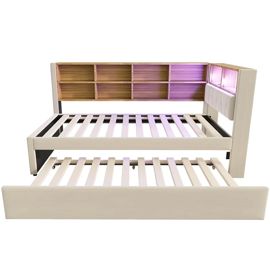 Generique Lit Gigogne 90x200 cm pour enfant ou Ado, Lit 90x190 cm avec Port USB et Rangements Intégrés - Tissu Beige - Sans Matelas