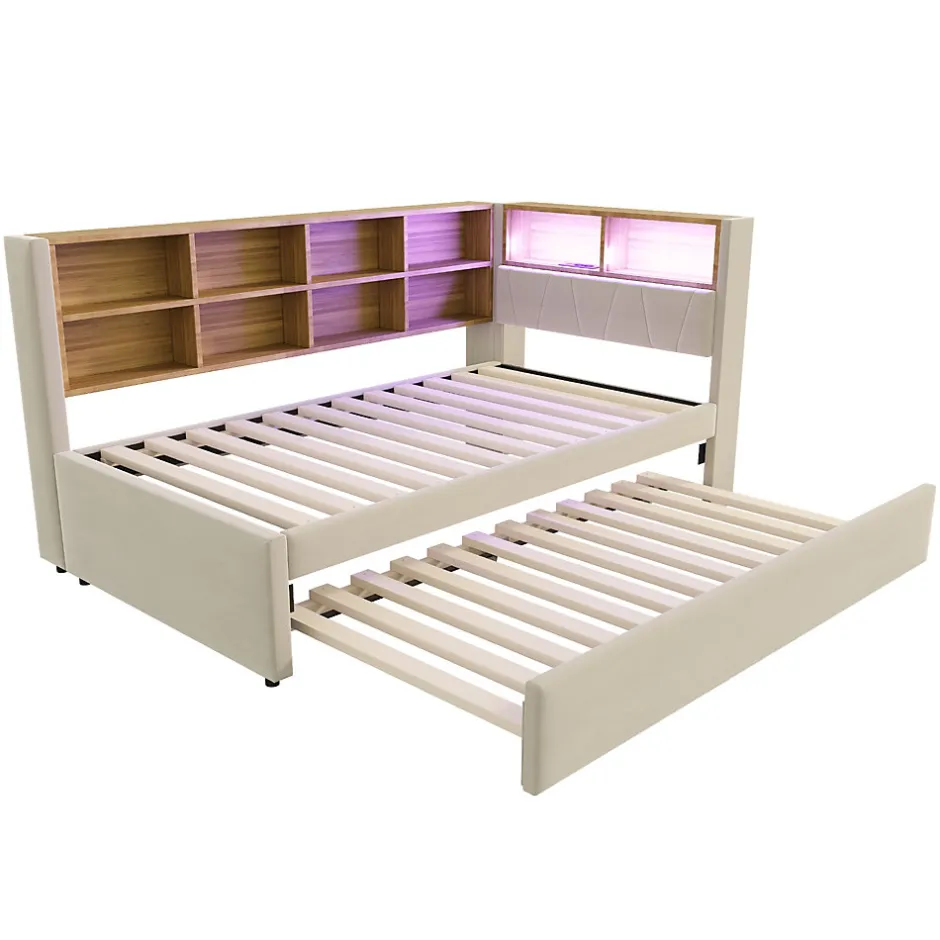 Generique Lit Gigogne 90x200 cm pour enfant ou Ado, Lit 90x190 cm avec Port USB et Rangements Intégrés - Tissu Beige - Sans Matelas