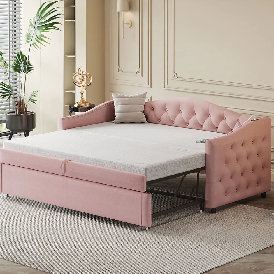 Okwish Lit Gigogne 90x200 cm, Tissu Lin Rose, Canapé Classique avec Boutons Décoratifs, Lit d'Appoint Multifonction - Sans Matelas