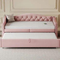 Okwish Lit Gigogne 90x200 cm, Tissu Lin Rose, Canapé Classique avec Boutons Décoratifs, Lit d'Appoint Multifonction - Sans Matelas