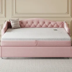 Okwish Lit Gigogne 90x200 cm, Tissu Lin Rose, Canapé Classique avec Boutons Décoratifs, Lit d'Appoint Multifonction - Sans Matelas