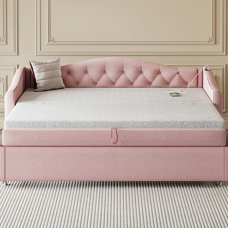 Okwish Lit Gigogne 90x200 cm, Tissu Lin Rose, Canapé Classique avec Boutons Décoratifs, Lit d'Appoint Multifonction - Sans Matelas
